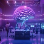 Un centro de comando de IA hipermoderno que representa la optimización de operaciones empresariales, visto en perspectiva dramática con profundidad de campo cinematográfica
